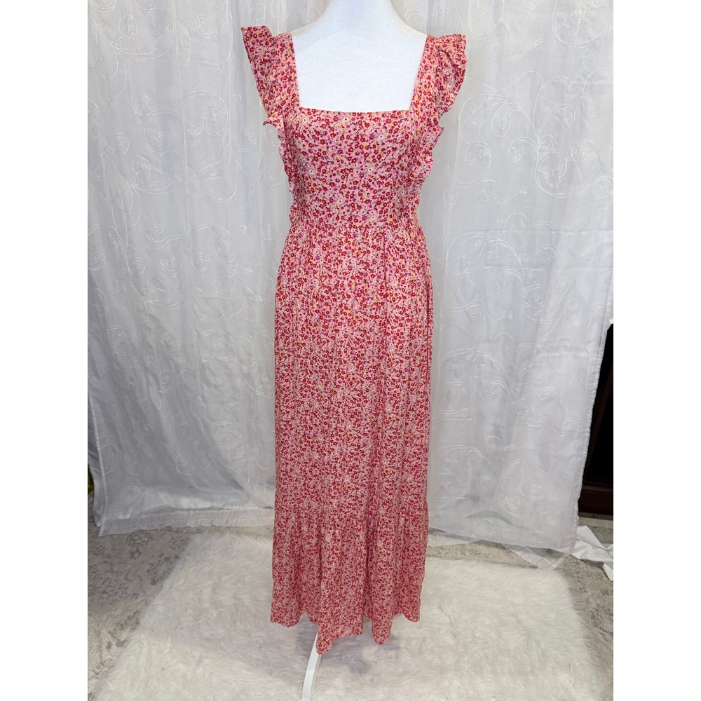 Love Ady Pink Floral Maxi Dress XS Smocked Ruffle Sleeve Tiered Cottagecore Boho